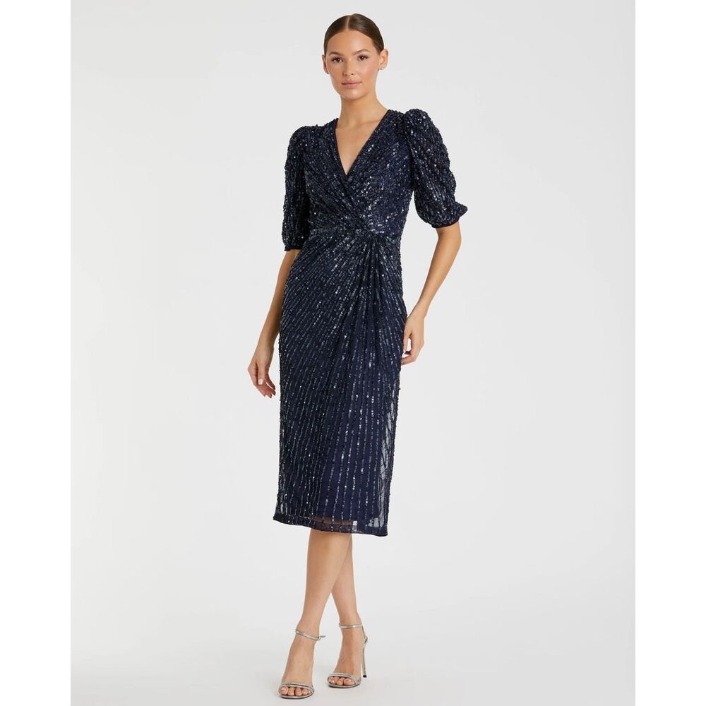 Mac Duggal Navy Sequined V-Neck Short Puff Sleeve Midi Dress in Midnight US 18 $